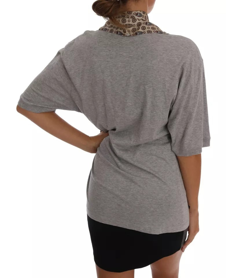 Gray Cotton Owl Silk Scarf Top T-shirt - ventzia
