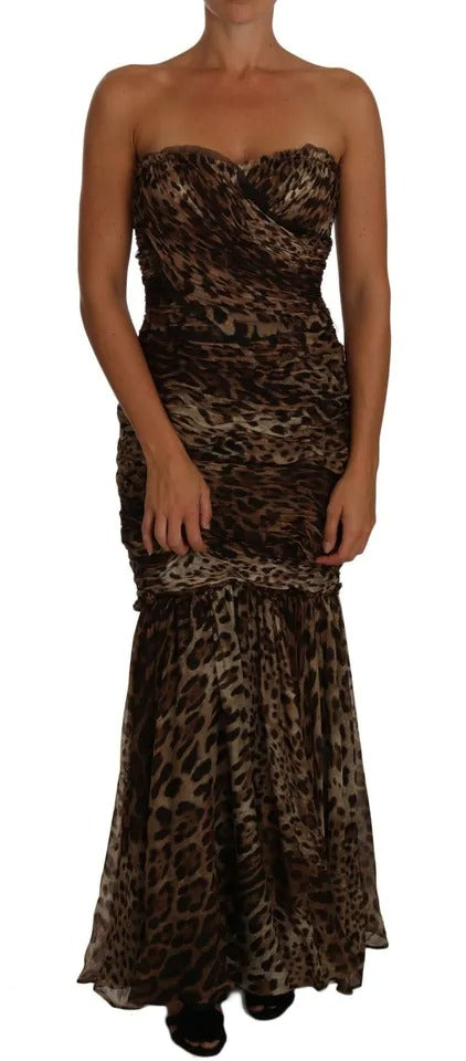 Brown Leopard Silk Chiffon Ruched Mermaid Maxi Dress - ventzia