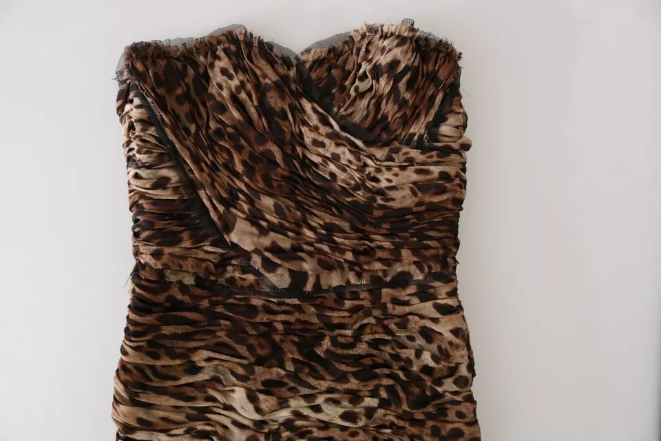 Brown Leopard Silk Chiffon Ruched Mermaid Maxi Dress - ventzia