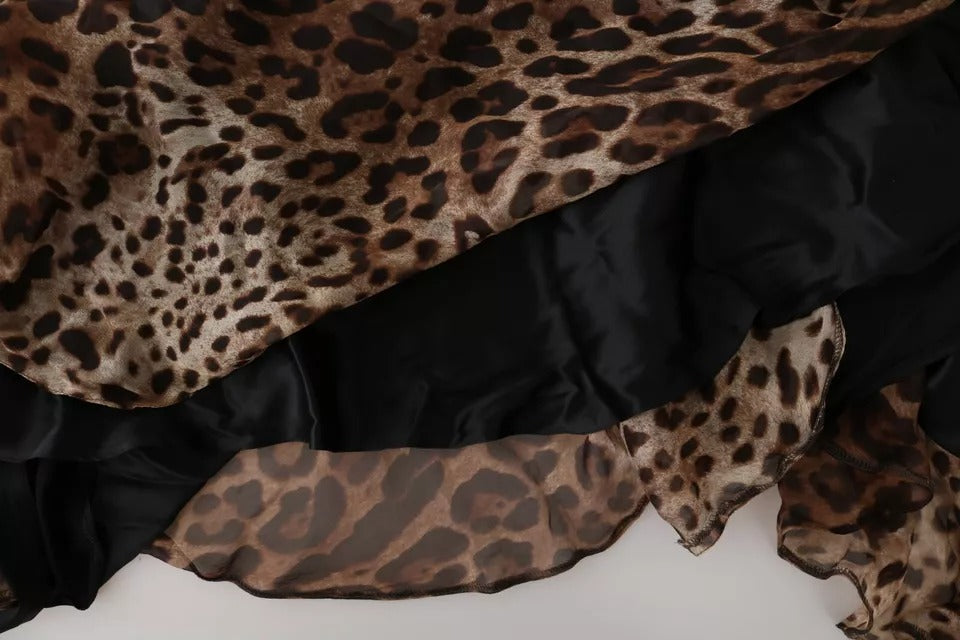 Brown Leopard Silk Chiffon Ruched Mermaid Maxi Dress - ventzia