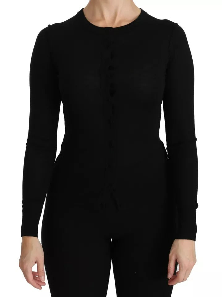 Black Virgin Wool Long Sleeve Top Blouse Top - ventzia