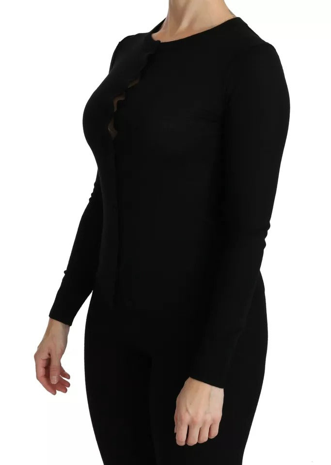 Black Virgin Wool Long Sleeve Top Blouse Top - ventzia
