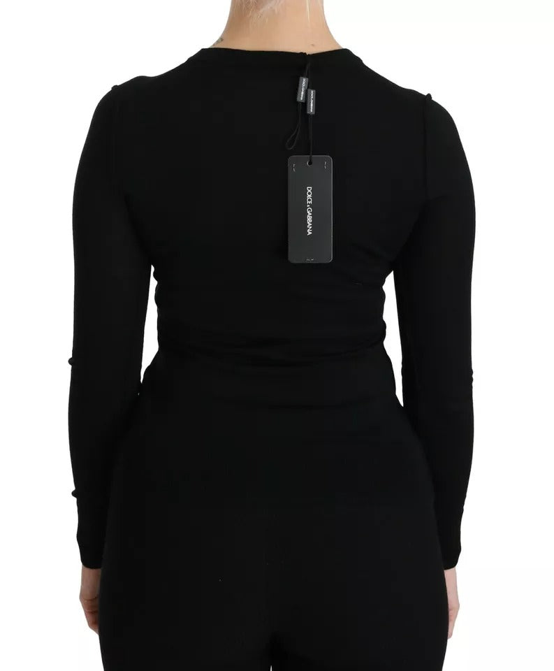Black Virgin Wool Long Sleeve Top Blouse Top - ventzia