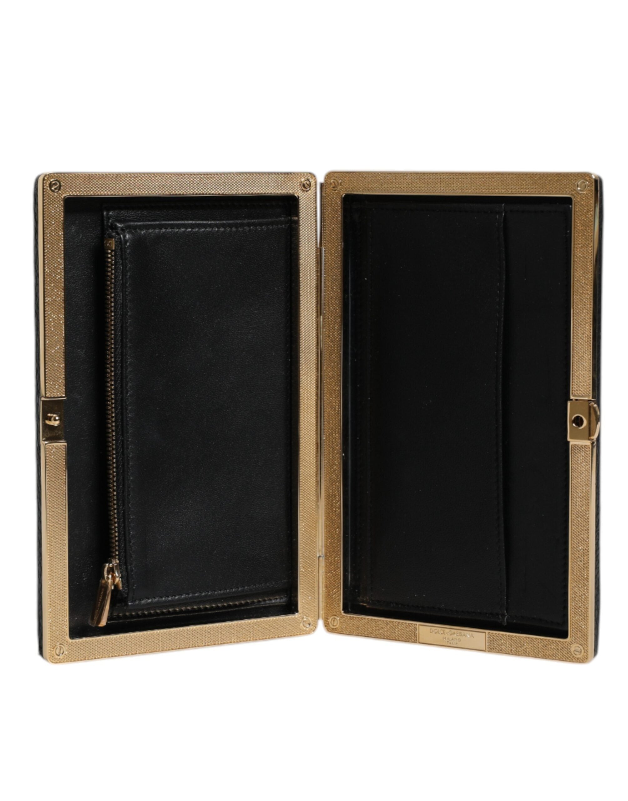 Black Leather Gold Frame Clutch Evening Party Purse Bag - ventzia
