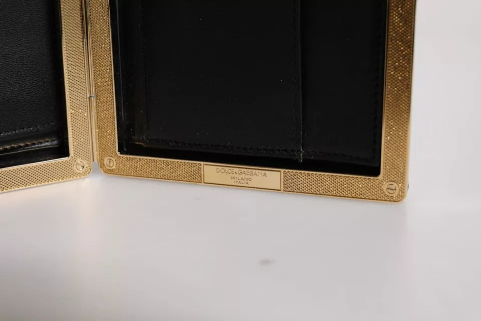 Black Leather Gold Frame Clutch Evening Party Purse Bag - ventzia