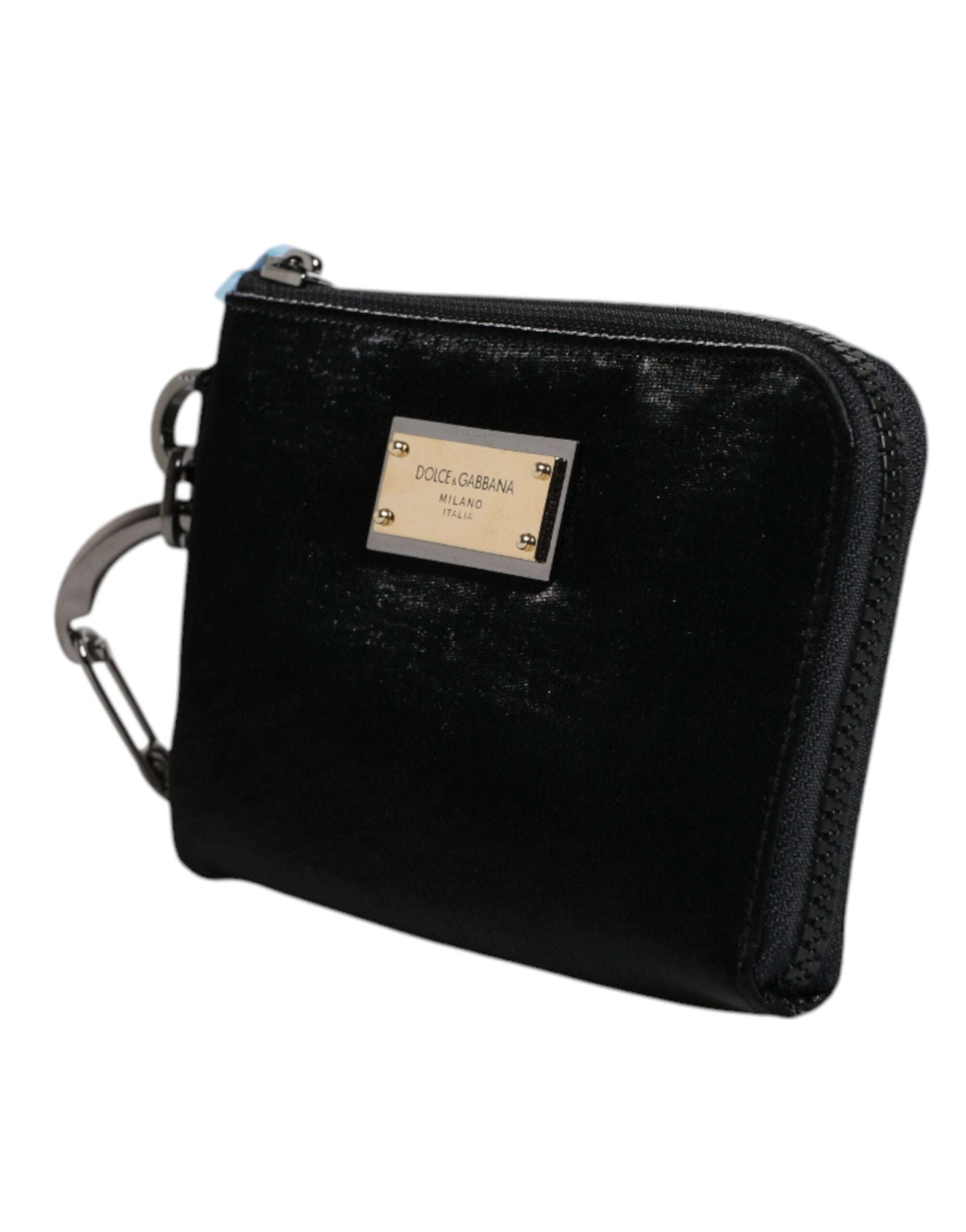Black Nylon Logo Plaque Keyring Pouch Clutch Bag - ventzia