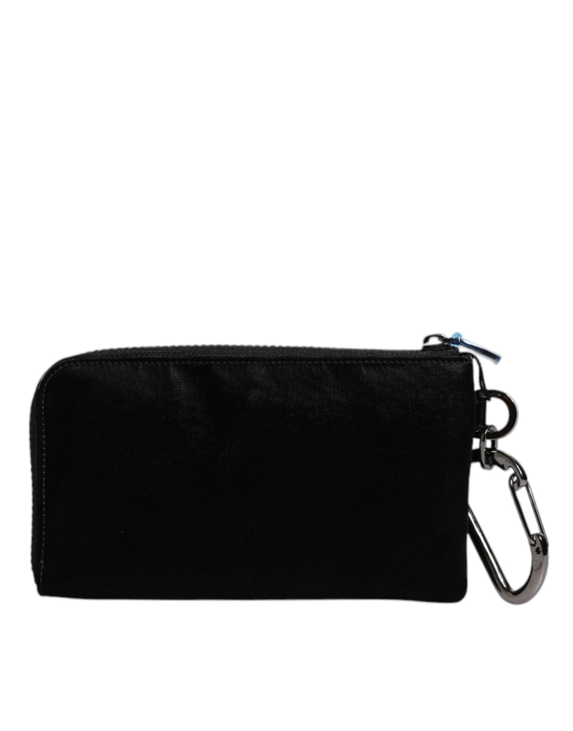 Black Nylon Logo Plaque Keyring Pouch Clutch Bag - ventzia