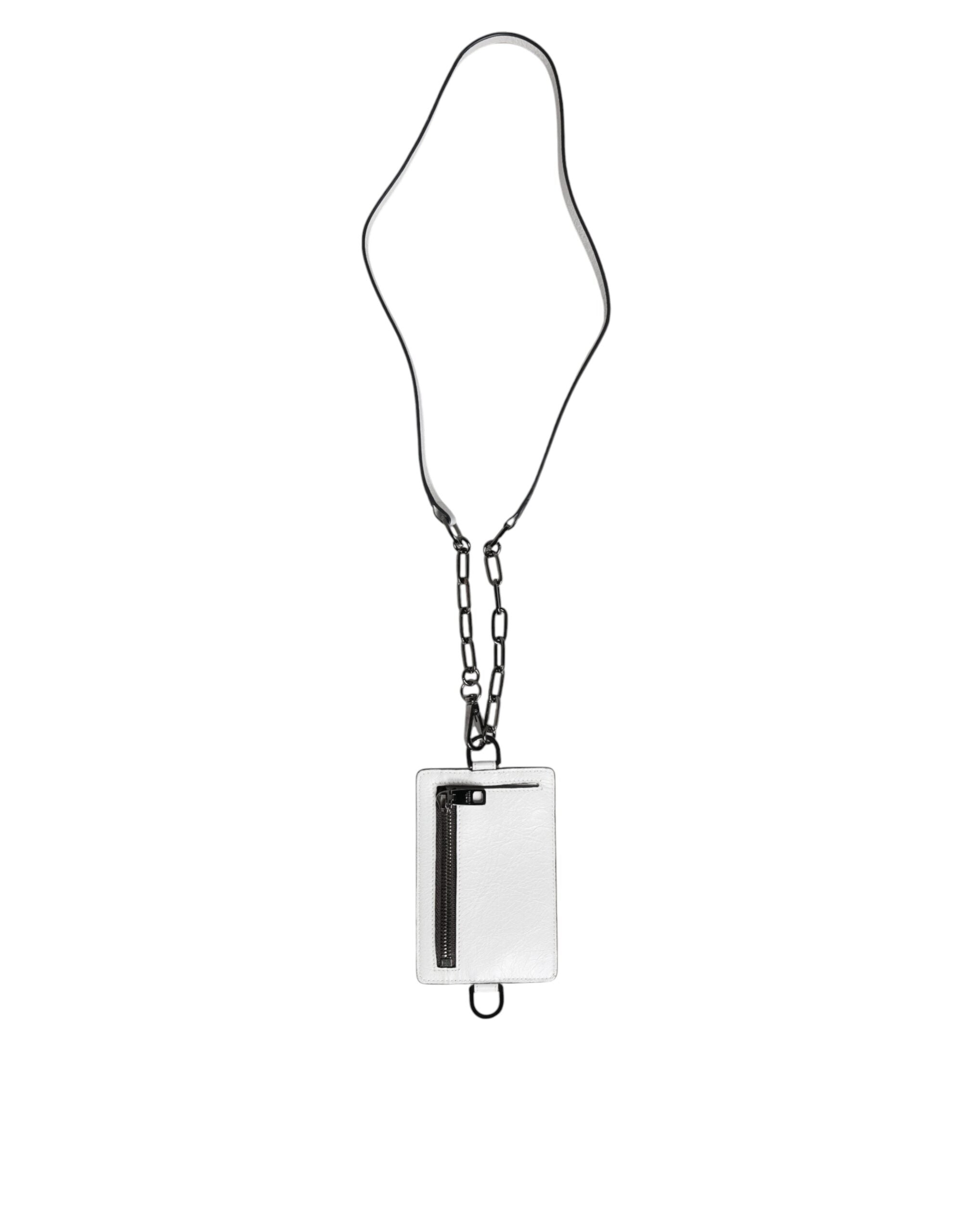White Calf Leather Lanyard Logo Card Holder Wallet - ventzia