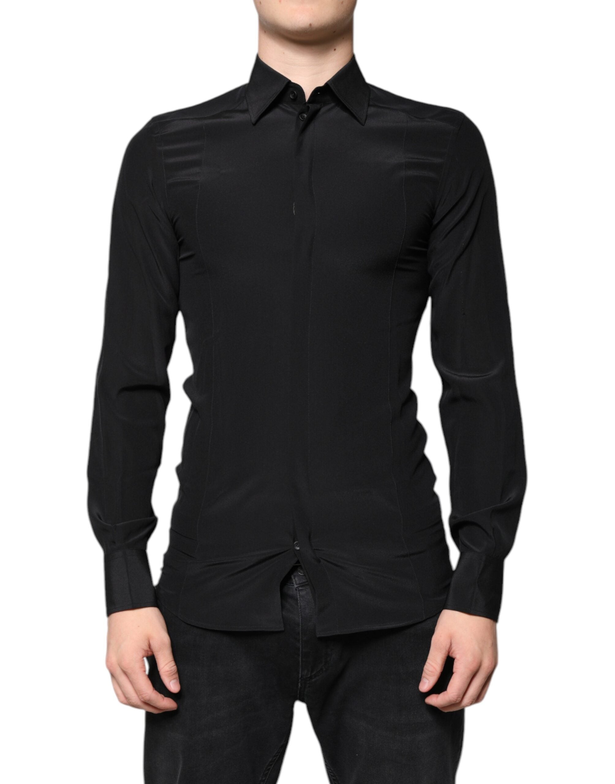 Black Silk Long Sleeves GOLD Dress Shirt - ventzia