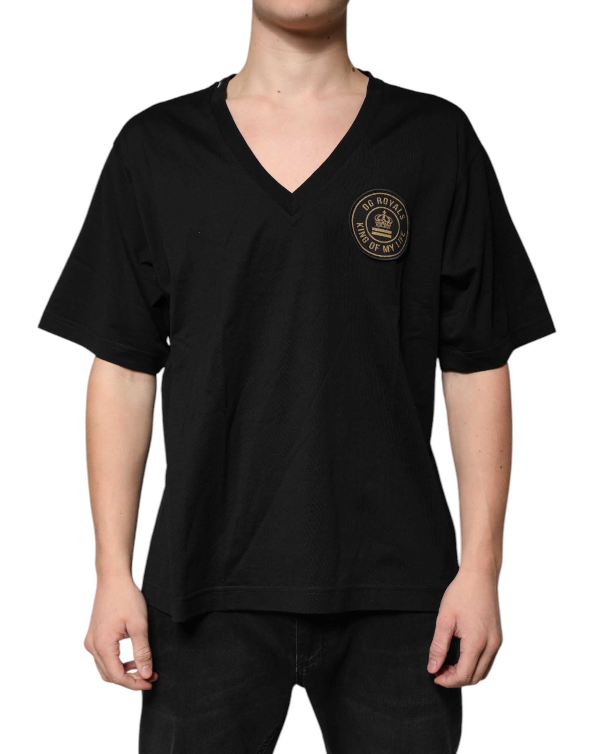 Black Cotton Logo Vneck Short Sleeve T-shirt - ventzia