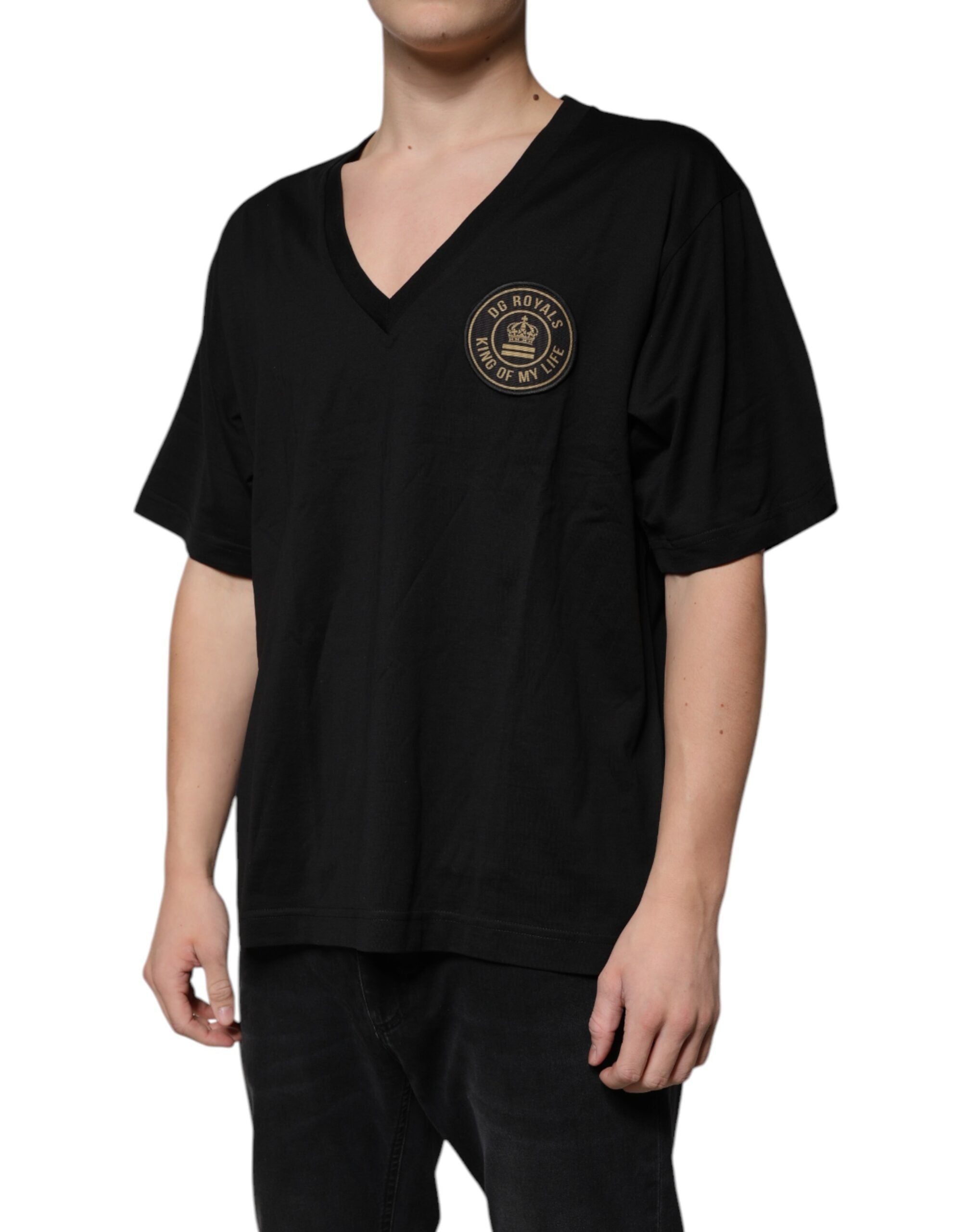 Black Cotton Logo Vneck Short Sleeve T-shirt - ventzia
