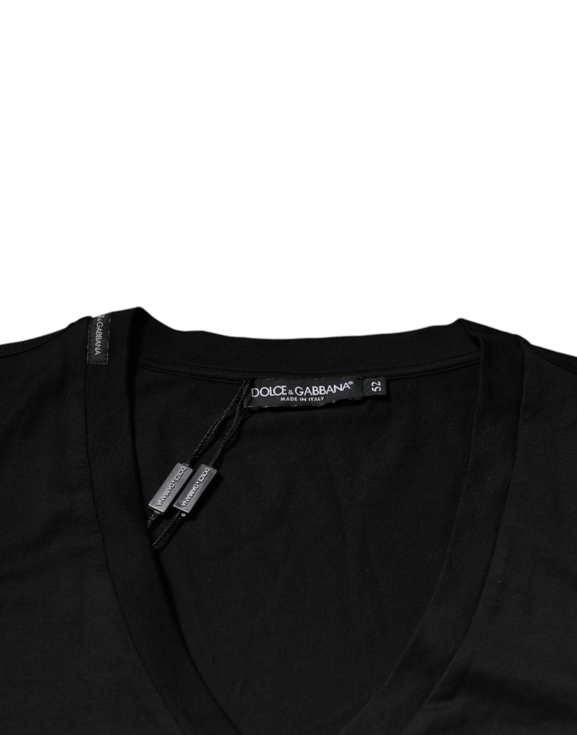 Black Cotton Logo Vneck Short Sleeve T-shirt - ventzia