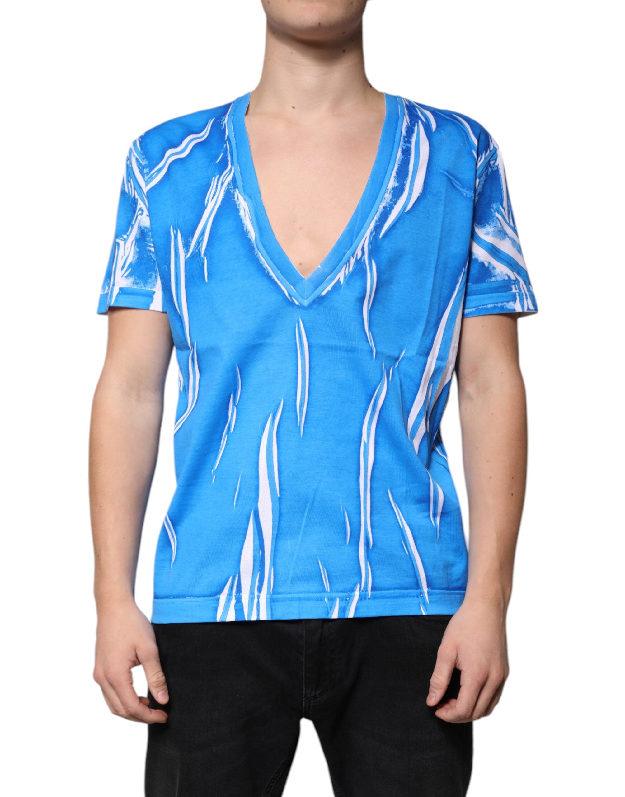 Blue Cotton V-neck Short Sleeves T-shirt - ventzia