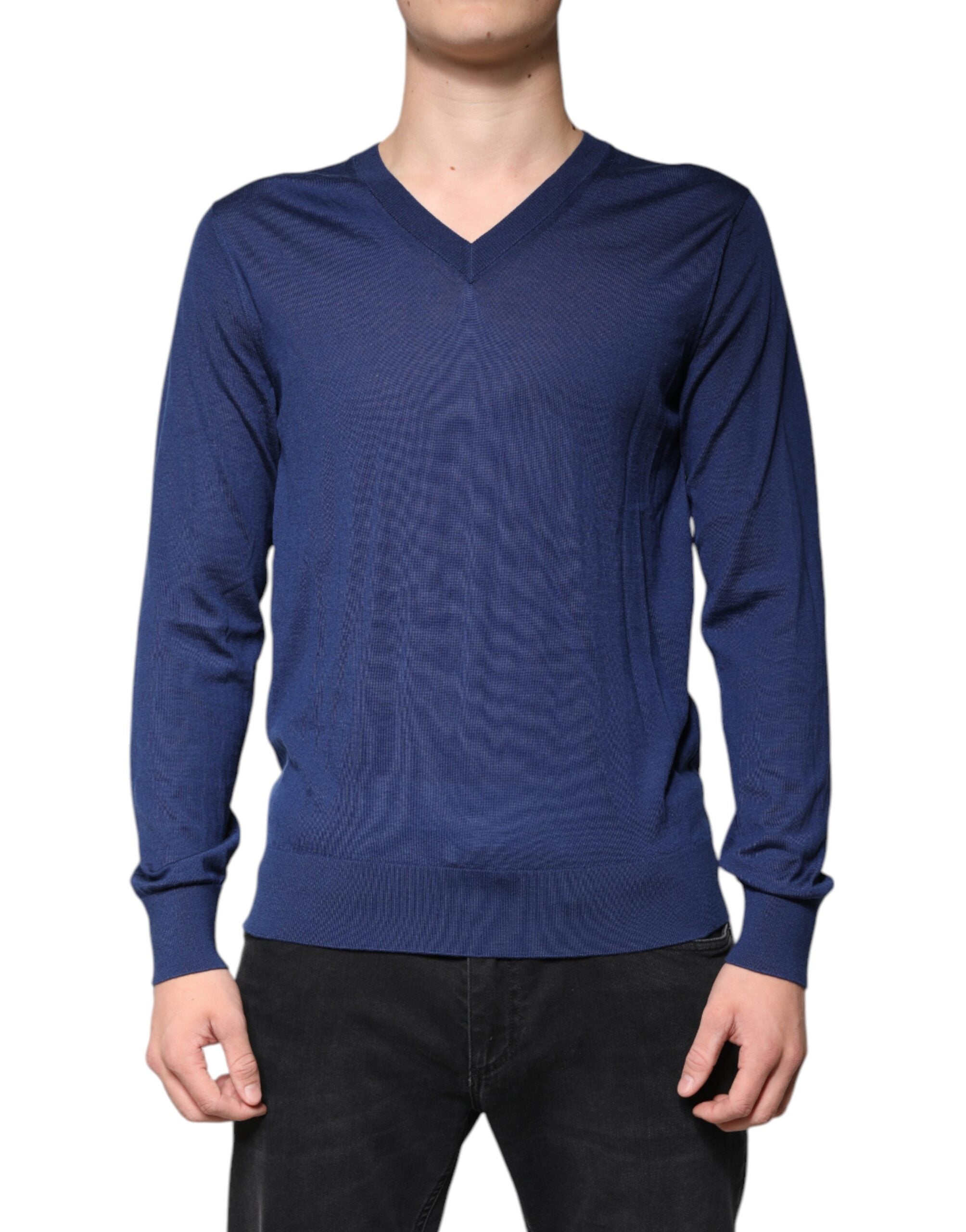 Navy Blue Cashmere V-neck Pullover Sweater - ventzia