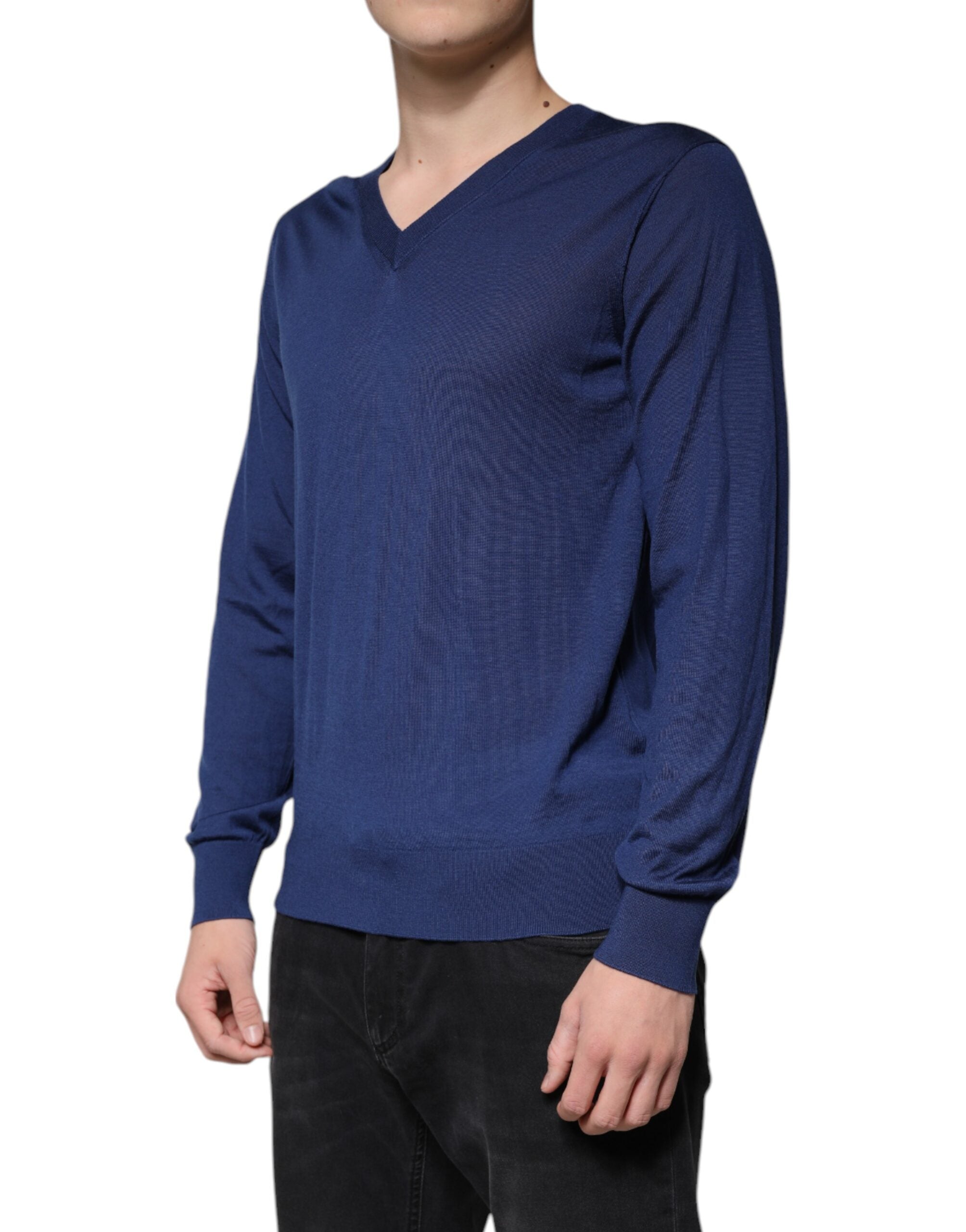 Navy Blue Cashmere V-neck Pullover Sweater - ventzia