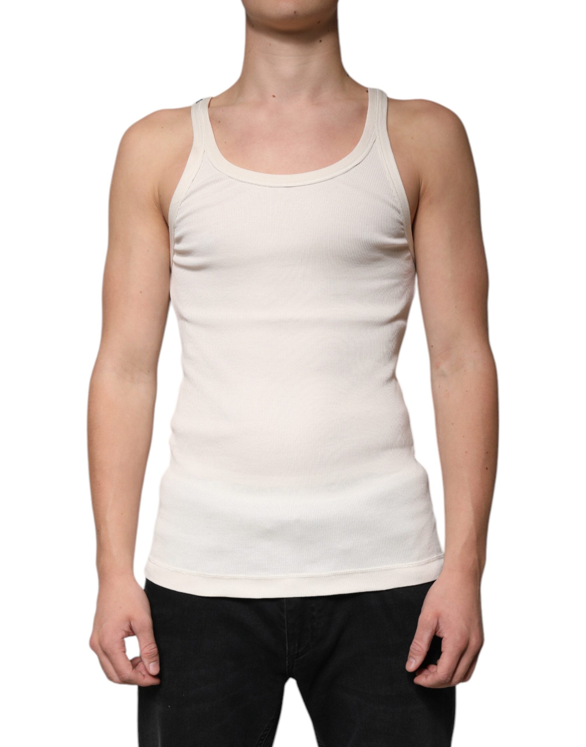 Off White Cotton Sleeveless Round Neck Tank T-shirt - ventzia