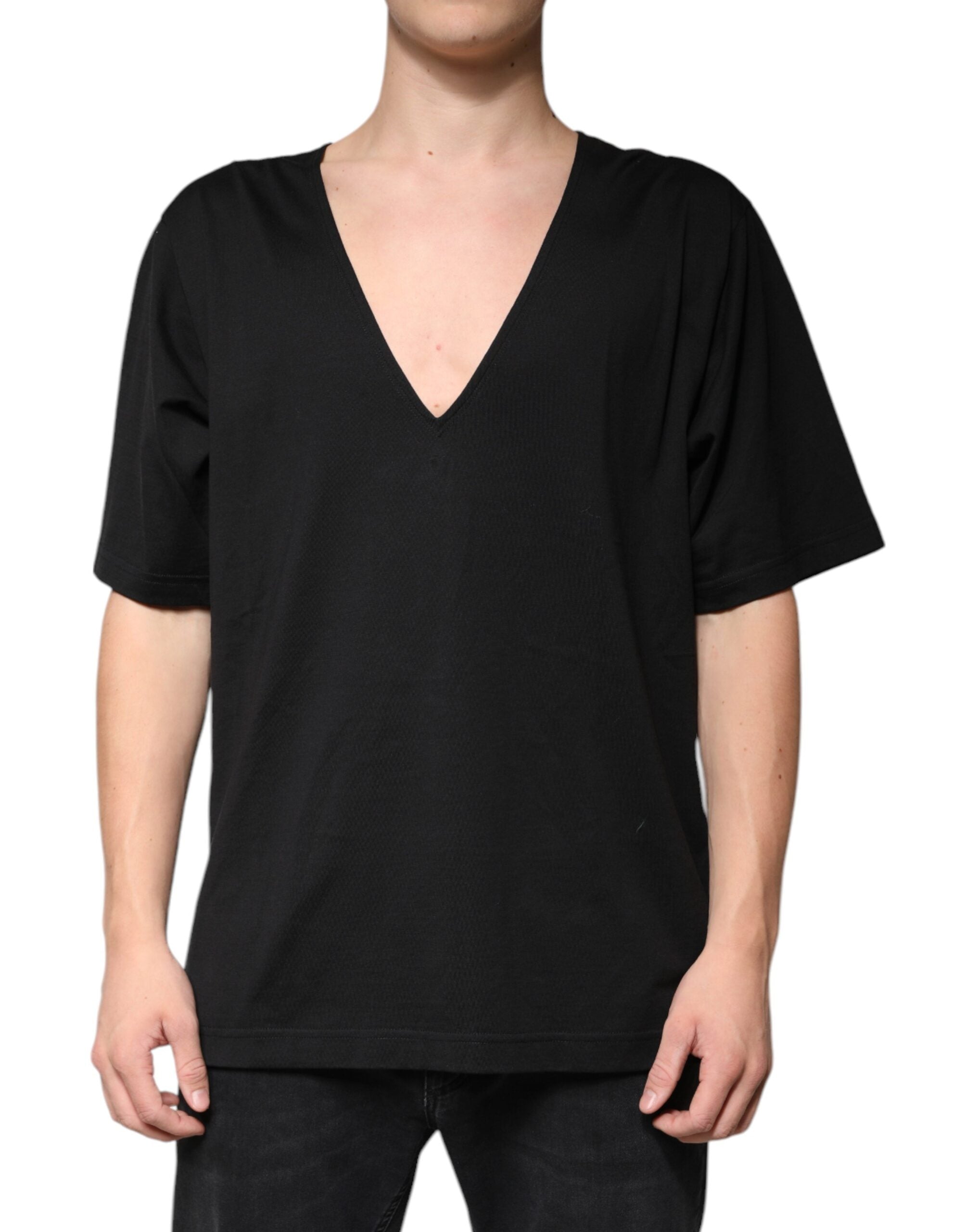 Black Cotton V-neck Short Sleeves T-shirt - ventzia
