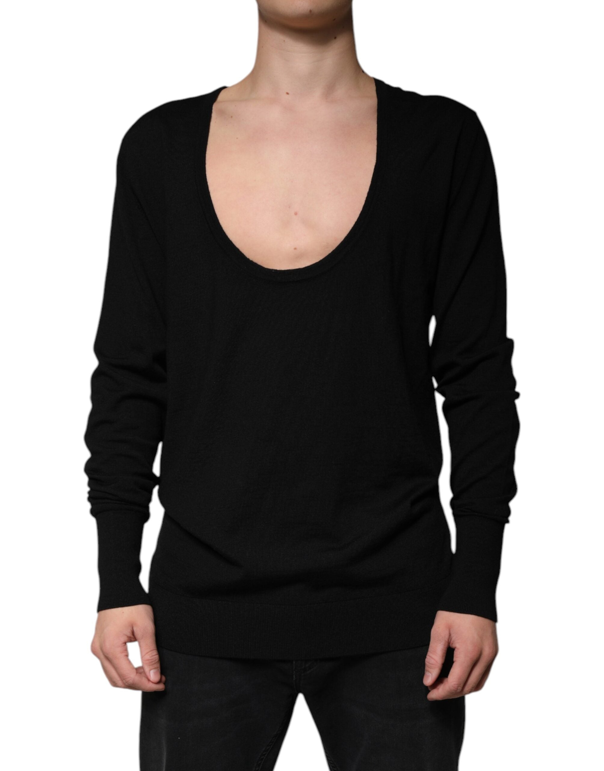 Black Wool Round Neck Pullover Sweater - ventzia