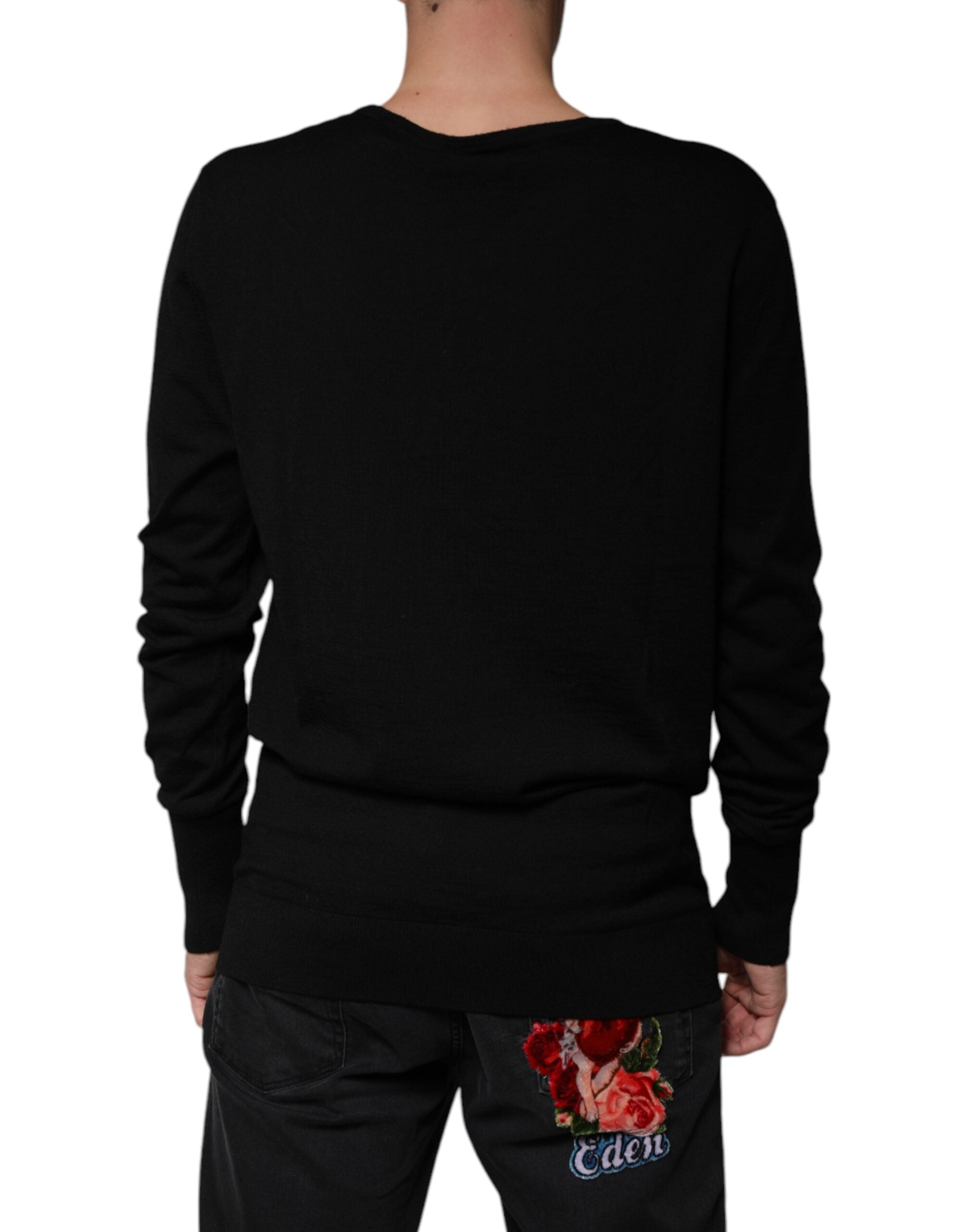 Black Wool Round Neck Pullover Sweater - ventzia
