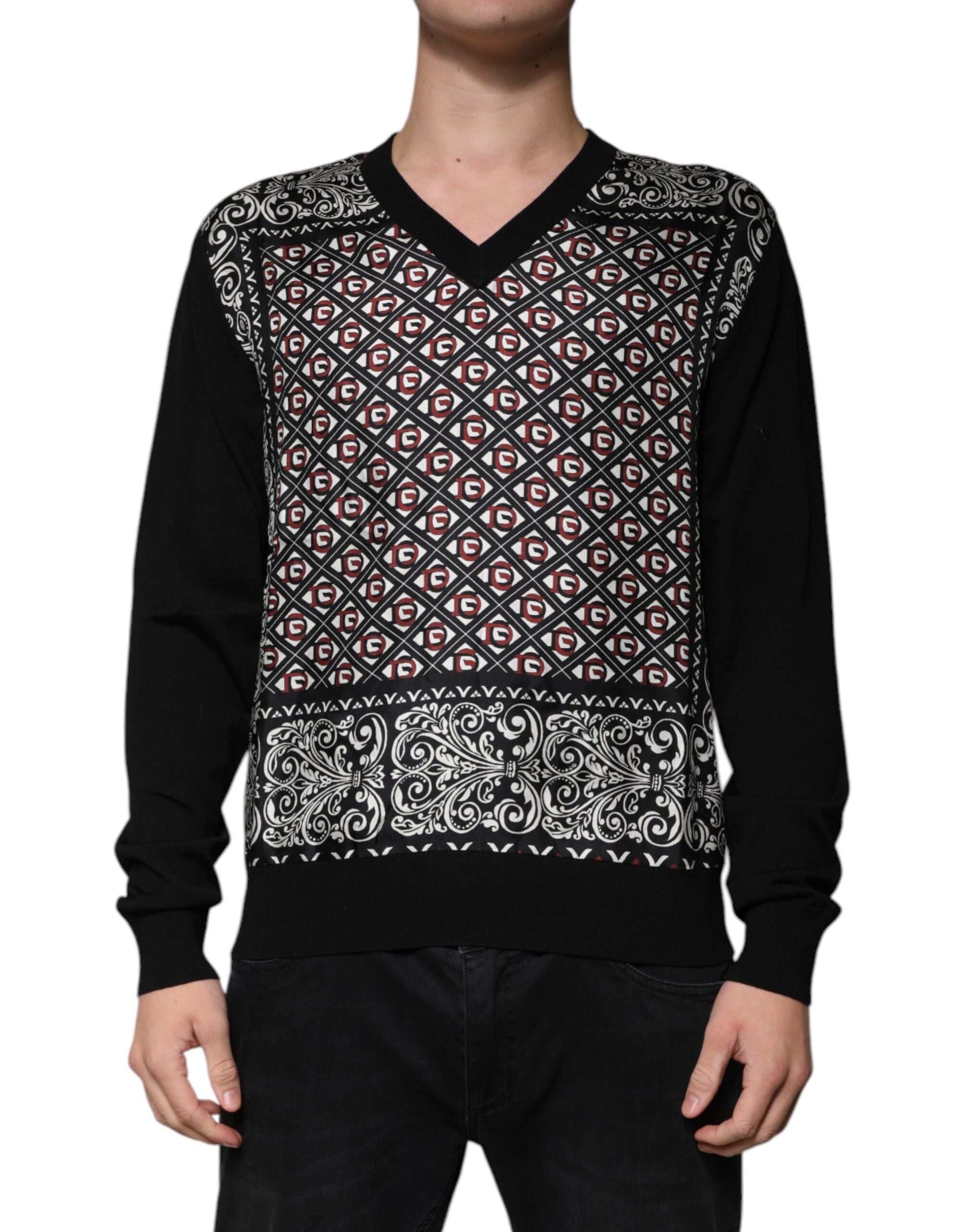 Black Logo Wool V-neck Pullover Sweater - ventzia