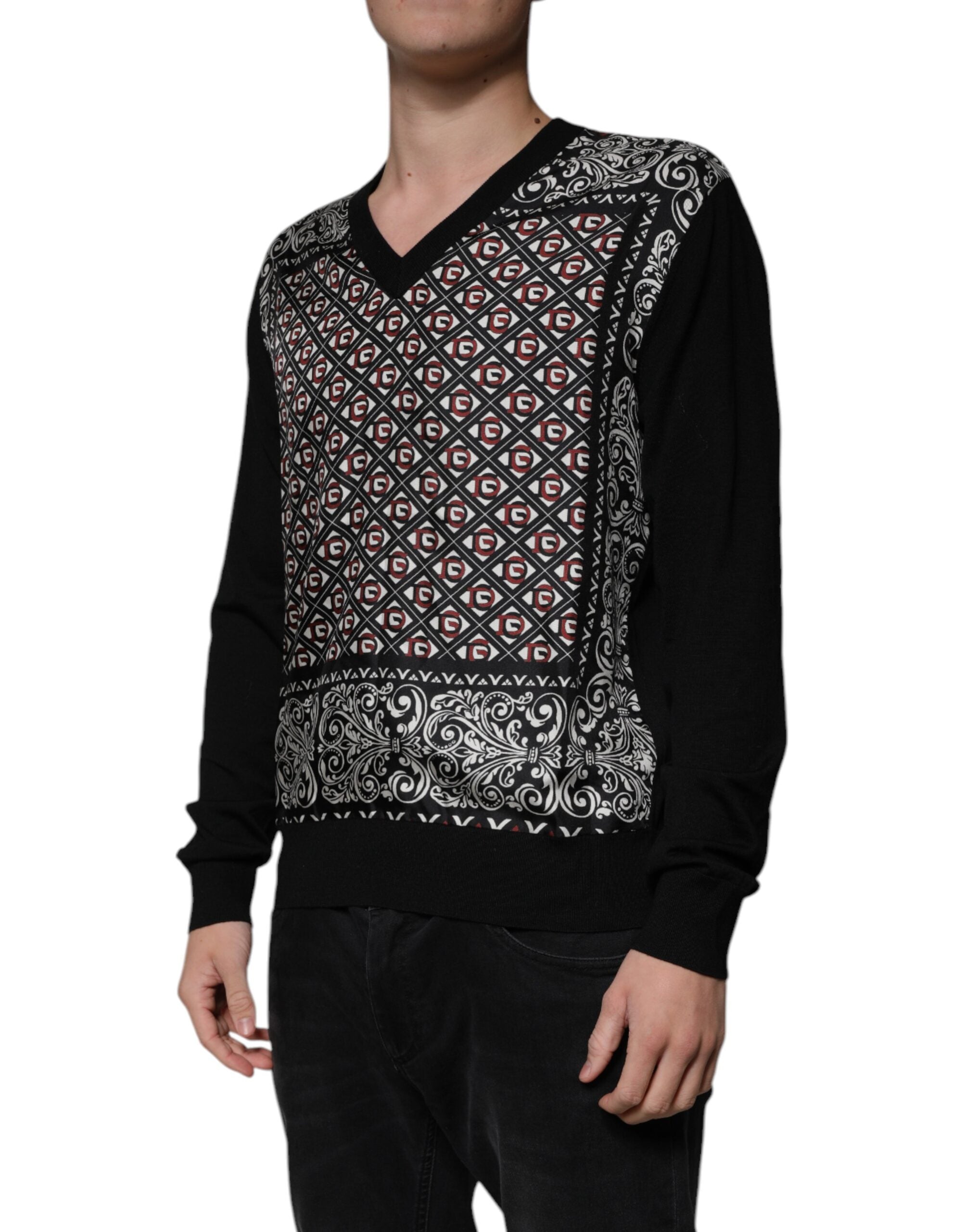 Black Logo Wool V-neck Pullover Sweater - ventzia