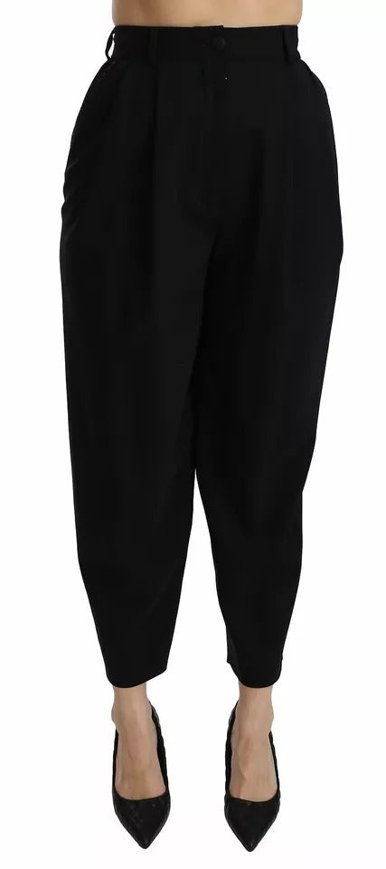 Black Wool High Waist Pleat Front Cropped Pants - ventzia