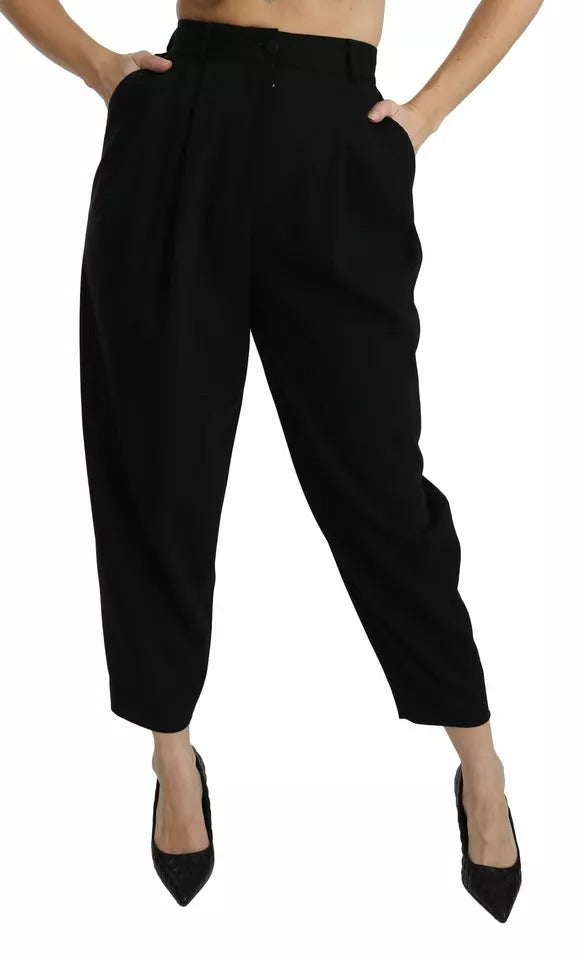 Black Wool High Waist Pleat Front Cropped Pants - ventzia