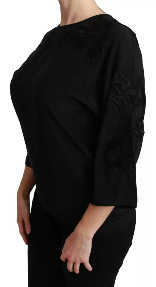 Black Floral Embroidered Blouse Silk Top - ventzia