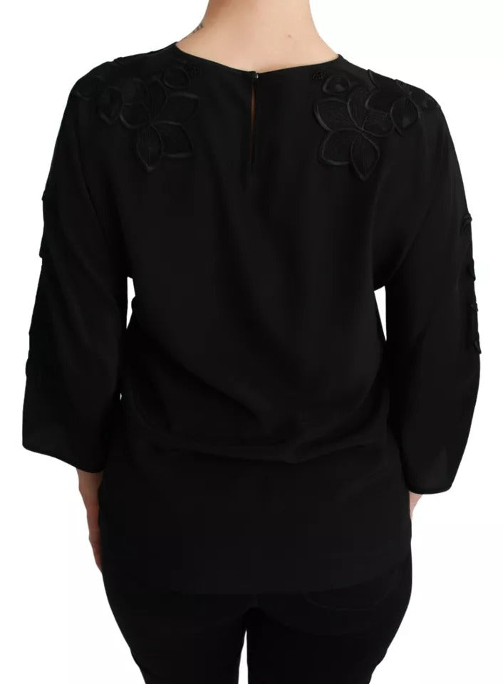 Black Floral Embroidered Blouse Silk Top - ventzia