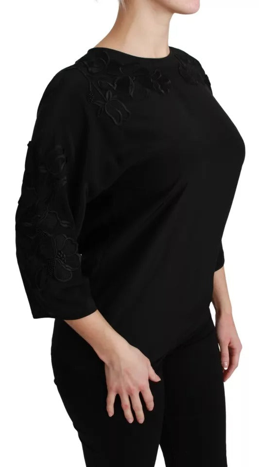 Black Floral Embroidered Blouse Silk Top - ventzia