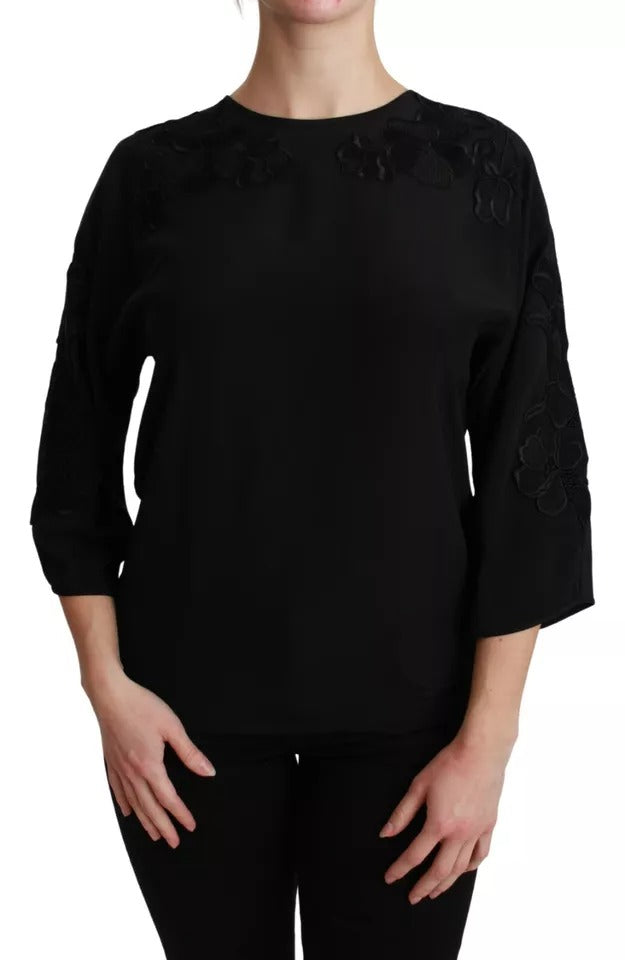 Black Floral Embroidered Blouse Silk Top - ventzia