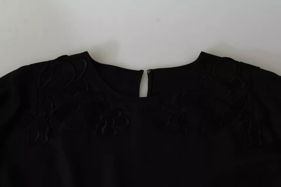 Black Floral Embroidered Blouse Silk Top - ventzia