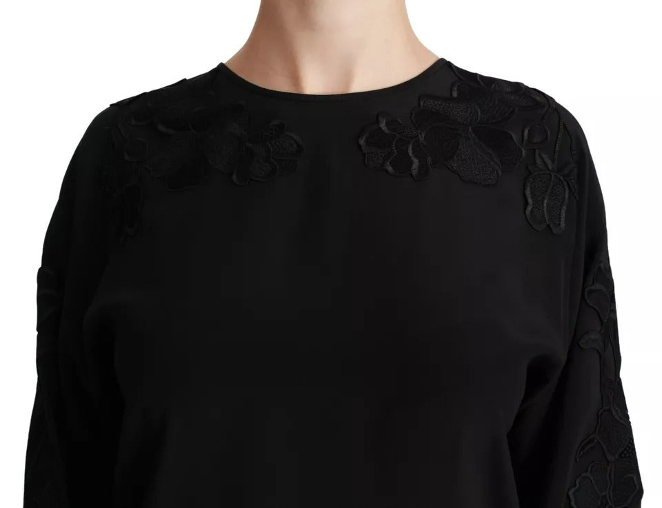 Black Floral Embroidered Blouse Silk Top - ventzia