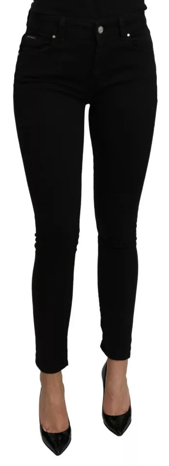 Black Mid Waist Slim Denim Cotton Stretch Jeans - ventzia