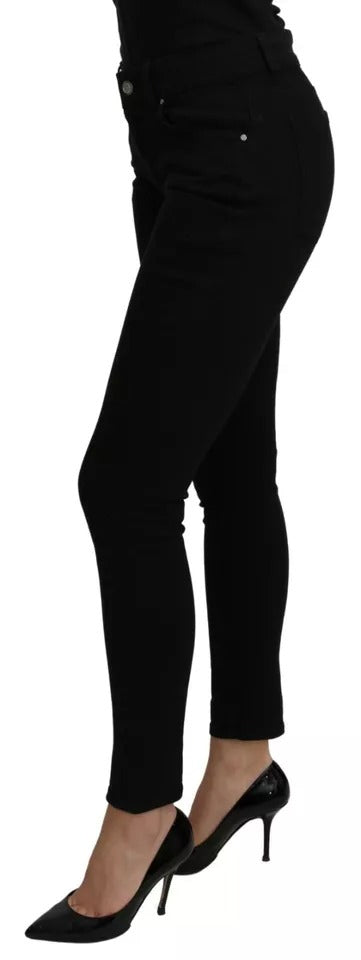 Black Mid Waist Slim Denim Cotton Stretch Jeans - ventzia