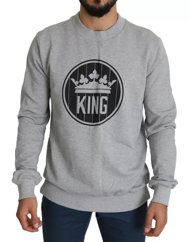 Gray Crown King Print Cotton Pullover Sweater - ventzia
