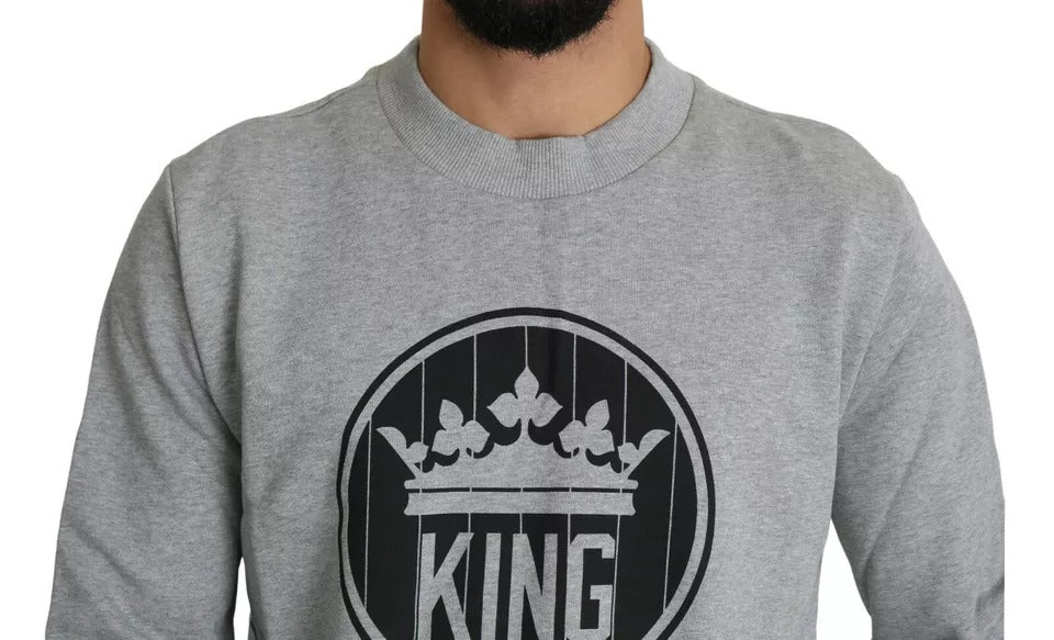 Gray Crown King Print Cotton Pullover Sweater - ventzia