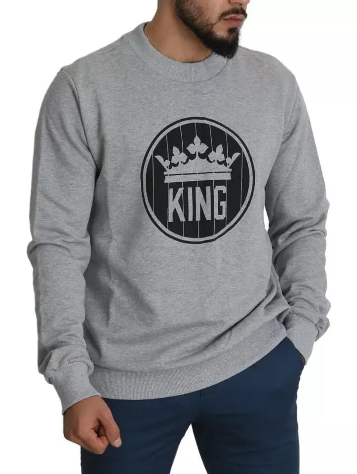 Gray Crown King Print Cotton Pullover Sweater - ventzia