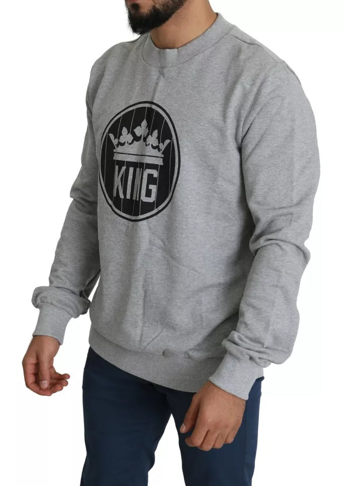 Gray Crown King Print Cotton Pullover Sweater - ventzia