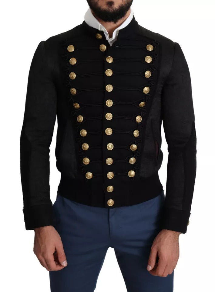 Black Button Embellished Military Jacket - ventzia