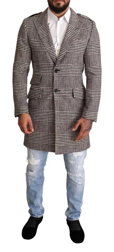 Gray Check Plaid Long Trench Coat Jacket - ventzia