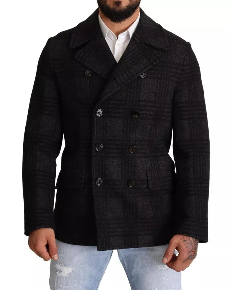 Black Trench Coat Check Wool Jacket - ventzia