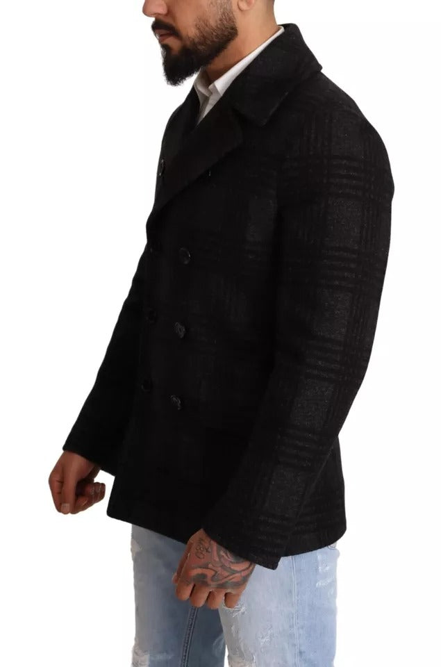 Black Trench Coat Check Wool Jacket - ventzia
