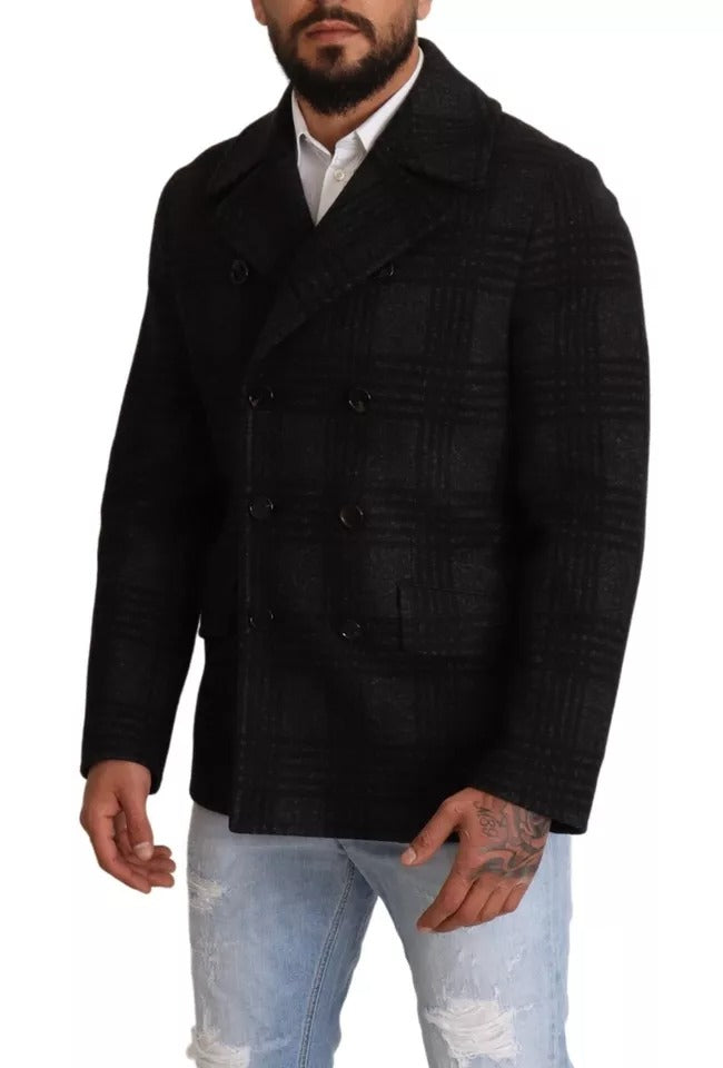 Black Trench Coat Check Wool Jacket - ventzia