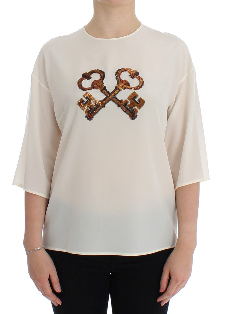 Ivory Sequined Silk Blouse Top - ventzia