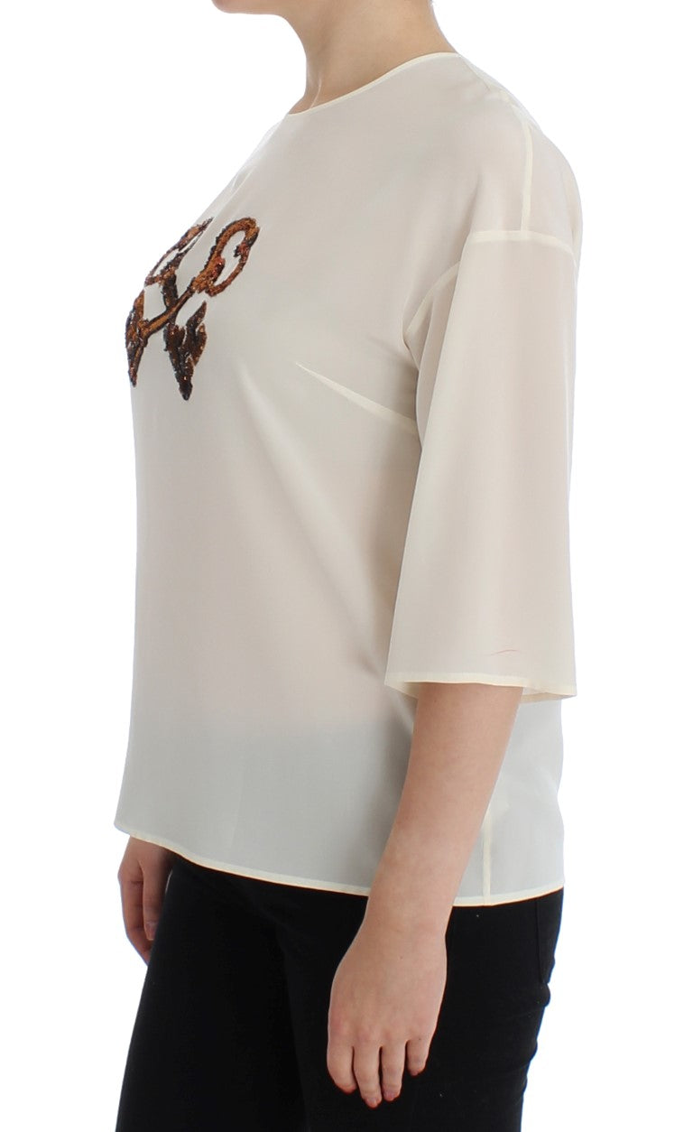 Ivory Sequined Silk Blouse Top - ventzia