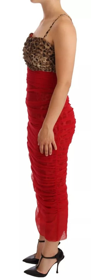 Brown Leopard Red Tulle Sheath Midi Dress - ventzia