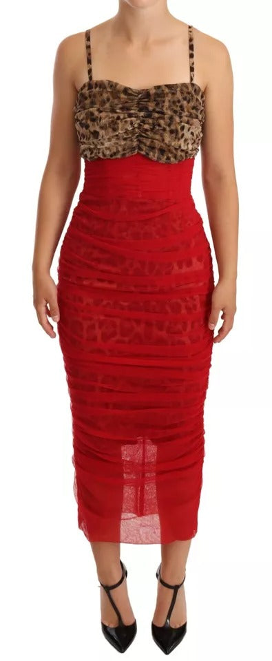 Brown Leopard Red Tulle Sheath Midi Dress - ventzia