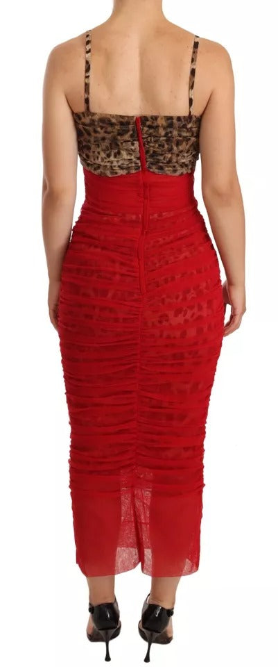 Brown Leopard Red Tulle Sheath Midi Dress - ventzia