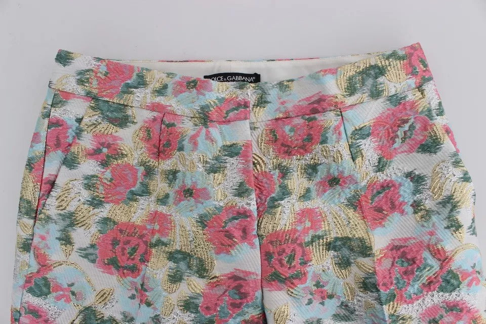 White Pink Floral Brocade Pants - ventzia